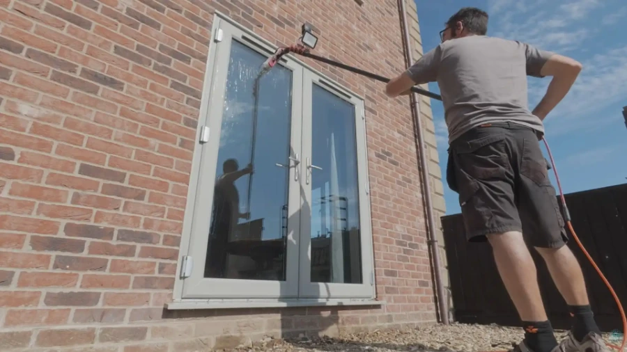Technician using an extension pole to clean an exterior window on a brick home