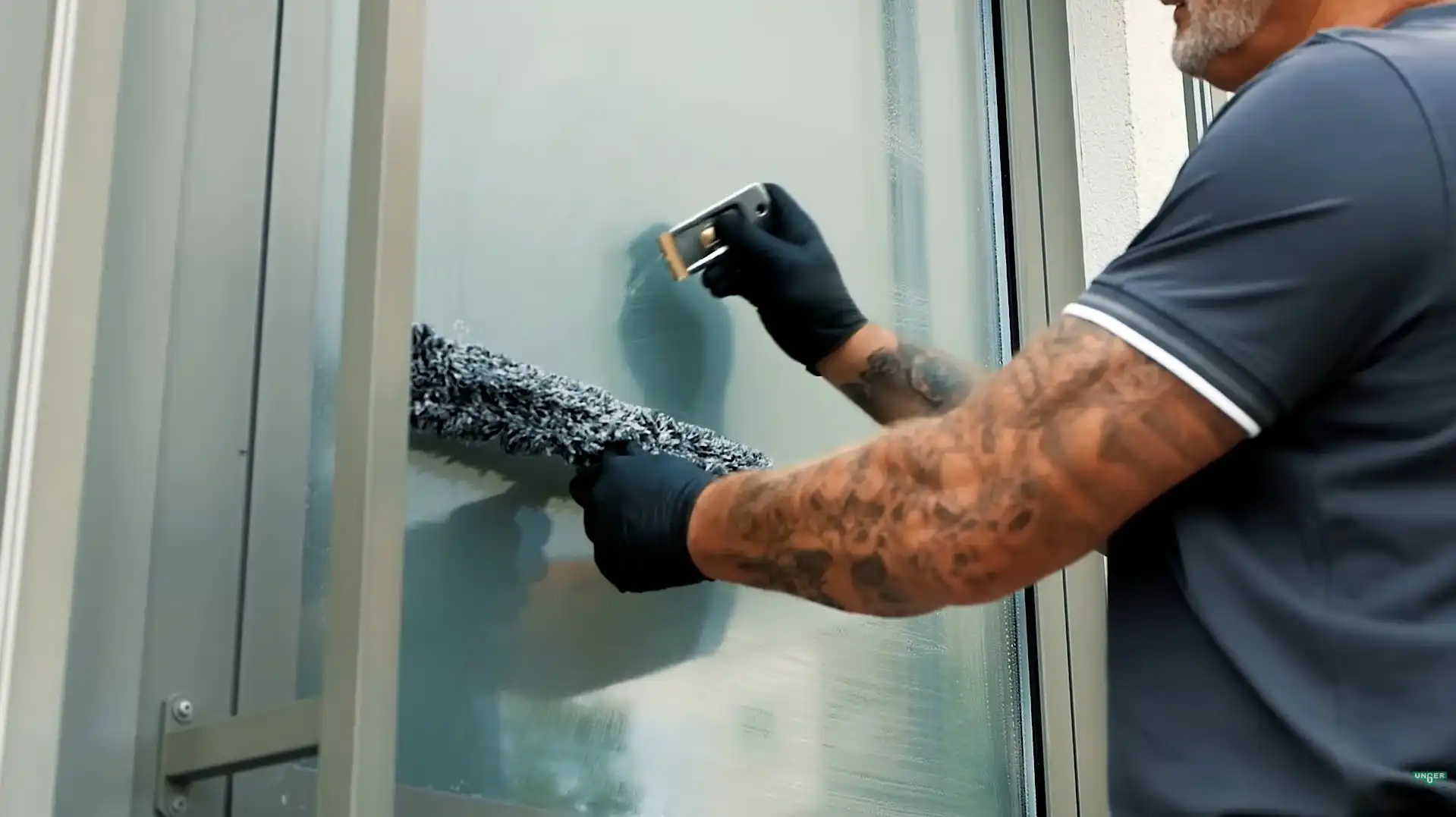 Close-up of a technician detailing the edge of an interior glass door with a squeegee and applicator