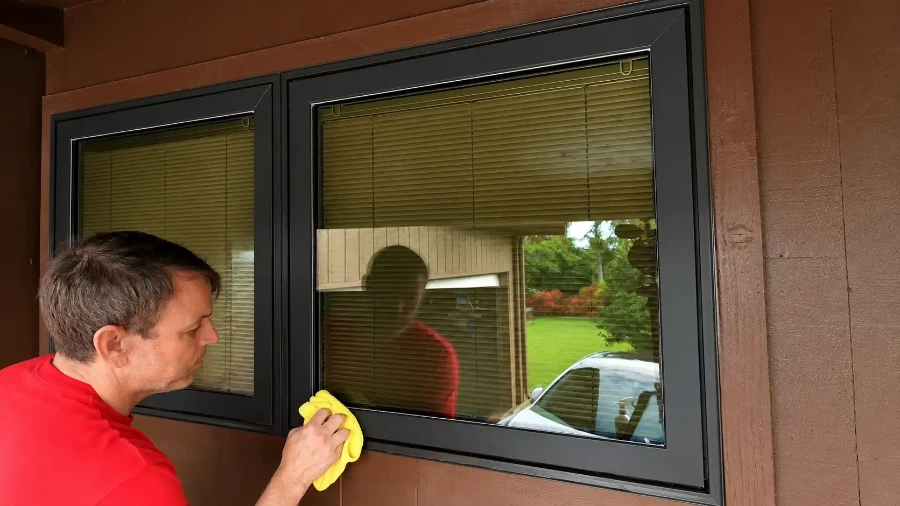 Technician hand-wiping the exterior glass of a black-framed window with a yellow microfiber cloth